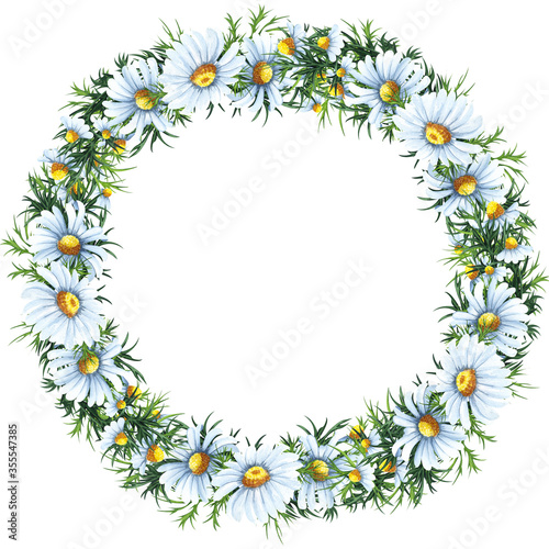Watercolor floral wreath with chamomile flowers, leaves, foliage, branches, fern leaves, place for your text. Perfect for wedding, invitations, greeting cards, print. Round autumn’s wildflowers frame © BarvArt
