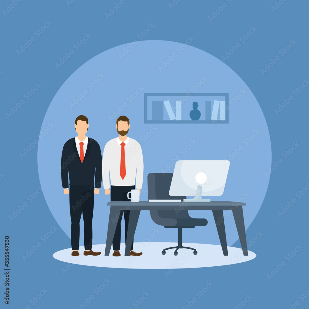 Businessmen and desk with computer vector design Businessmen and desk with computer vector design