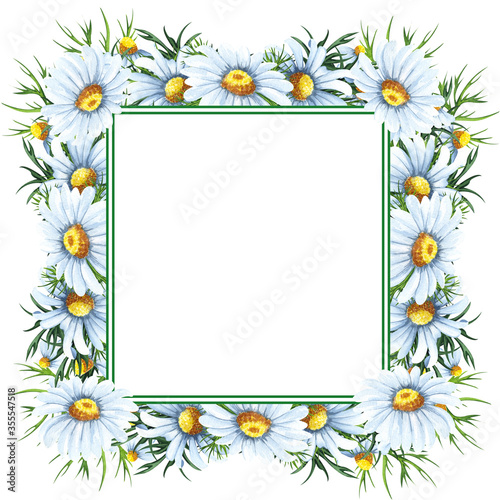 Watercolor floral wreath with chamomiles, leaves, foliage, branches, fern leaves and place for your text. Perfect for wedding invitations, greeting cards. Angled wildflowers  frame. © BarvArt