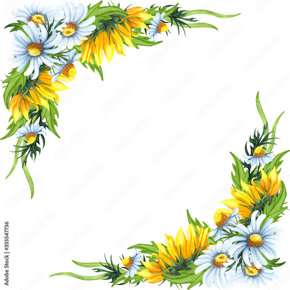 Watercolor floral wreath with sunflowers,chamomiles, leaves, foliage, branches, fern leaves and place for your text. Perfect for wedding invitations, greeting cards. Angled wildflowers  frame.