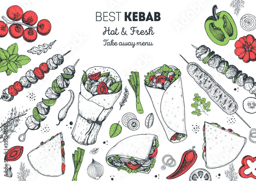 Doner kebab and ingredients for kebab, sketch illustration. Arabic cuisine frame. Fast food menu design elements. Shawarma hand drawn frame. Middle eastern food.