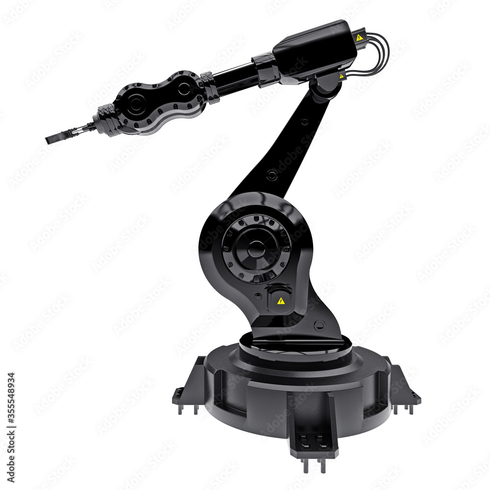 Robotic black arm for any work in a factory or production. Mechatronic equipment for complex tasks. 3d illustration. Robotic black arm for any work in a factory or production. Mechatronic equipment for complex tasks. 3d illustration.