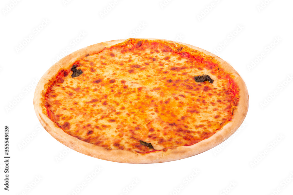 Pizza with mozzarella, bocconcini and basil leaves or pizza margherita. Italian tasty pizza isolated on white background with clipping path, angle view