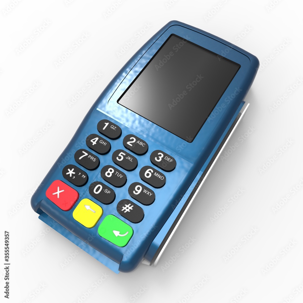 Card payment terminal. POS terminal isolated on white background. 3d rendering. Card payment terminal. POS terminal isolated on white background. 3d rendering.
