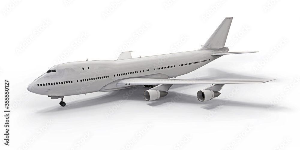Large passenger aircraft of large capacity for long transatlantic flights. White airplane on white isolated background. 3d illustration. Large passenger aircraft of large capacity for long transatlantic flights. White airplane on white isolated background. 3d illustration.
