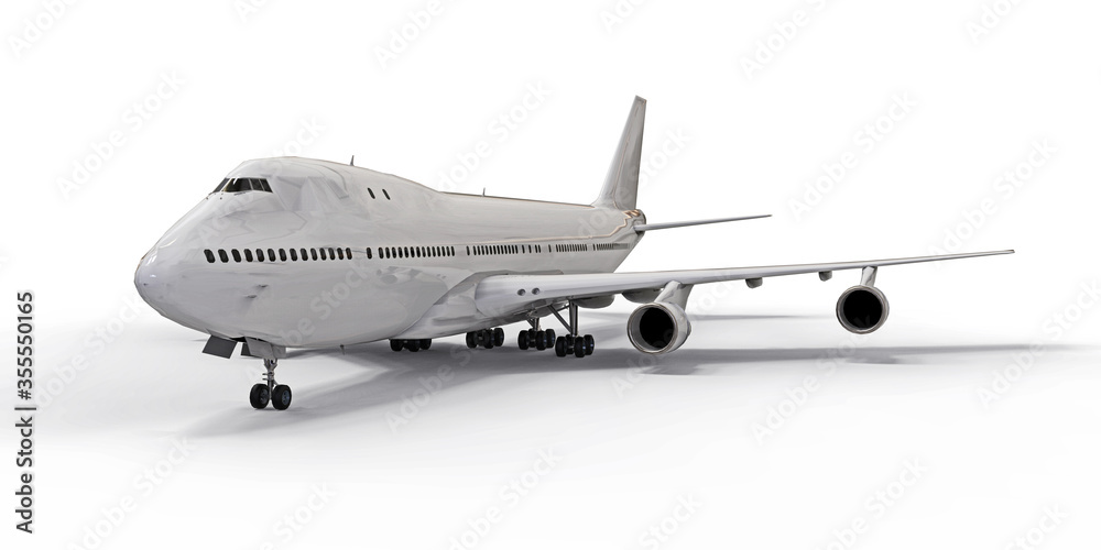 Large passenger aircraft of large capacity for long transatlantic flights. White airplane on white isolated background. 3d illustration. Large passenger aircraft of large capacity for long transatlantic flights. White airplane on white isolated background. 3d illustration.
