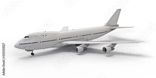 Large passenger aircraft of large capacity for long transatlantic flights. White airplane on white isolated background. 3d illustration.
