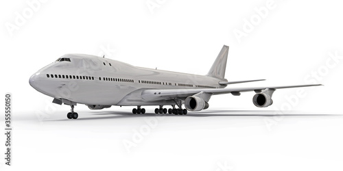 Large passenger aircraft of large capacity for long transatlantic flights. White airplane on white isolated background. 3d illustration.