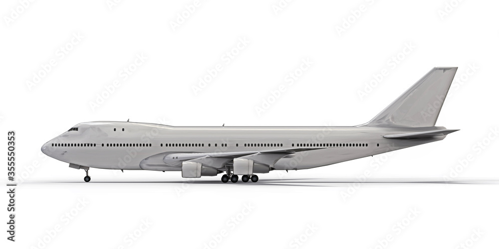 Large passenger aircraft of large capacity for long transatlantic flights. White airplane on white isolated background. 3d illustration.