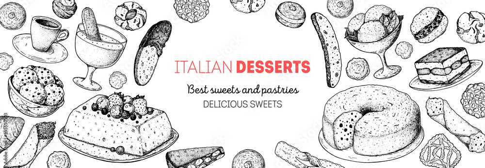 Italian dessert vector illustration. Italian sweet hand drawn.Bakery cooking sketch illustration. Italian cuisine frame. Sweet food menu design elements. Dessert hand drawn frame. Italian food. Italian dessert vector illustration. Italian sweet hand drawn.Bakery cooking sketch illustration. Italian cuisine frame. Sweet food menu design elements. Dessert hand drawn frame. Italian food.