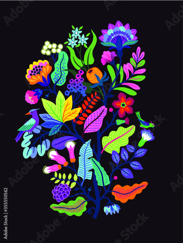 Vector Oriental motif of flowers. Original Floral design with of a woody vine with exotic flowers, tropic leaves and smaller birds. Tree of life Colorful flowers on a black background. Folk style.