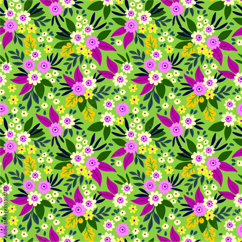 Simple cute pattern in small white and pink flowers on green background. Liberty style. Ditsy print. Floral seamless background. The elegant the template for fashion prints.