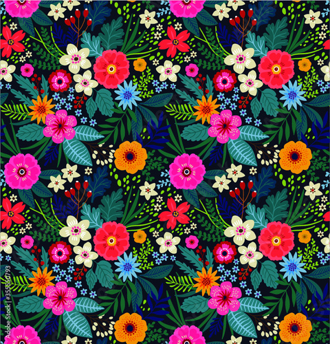 Amazing seamless floral pattern with bright colorful flowers and leaves on a dark blue background. The elegant the template for fashion prints. Modern floral background. Folk style.