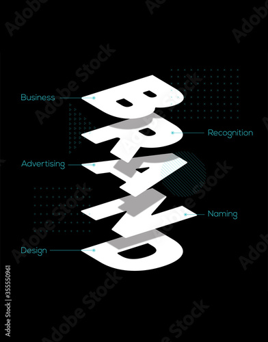 Illustration of the concept of brand and branding. Brand formula in typography style. 3D rendering