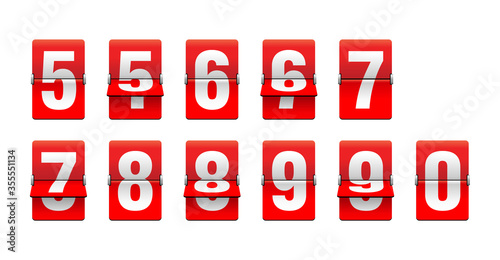 Flip countdown clock from 5 to 9 - red counter timer, time remaining count down scoreboard in half flipping variations with different digits 