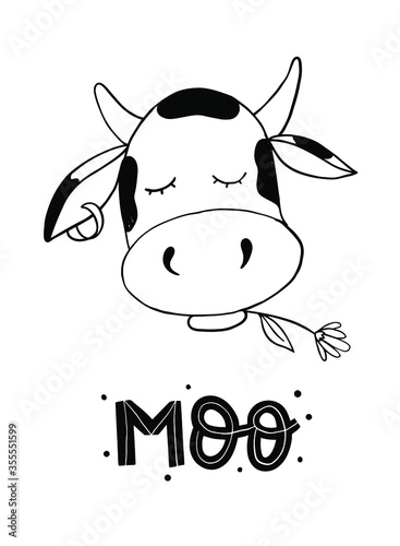 cute hand drawn cow anwith a flower and quote 'Moo' under it. Good for nursery posters, banners, prints, cards, signs, etc. EPS 10