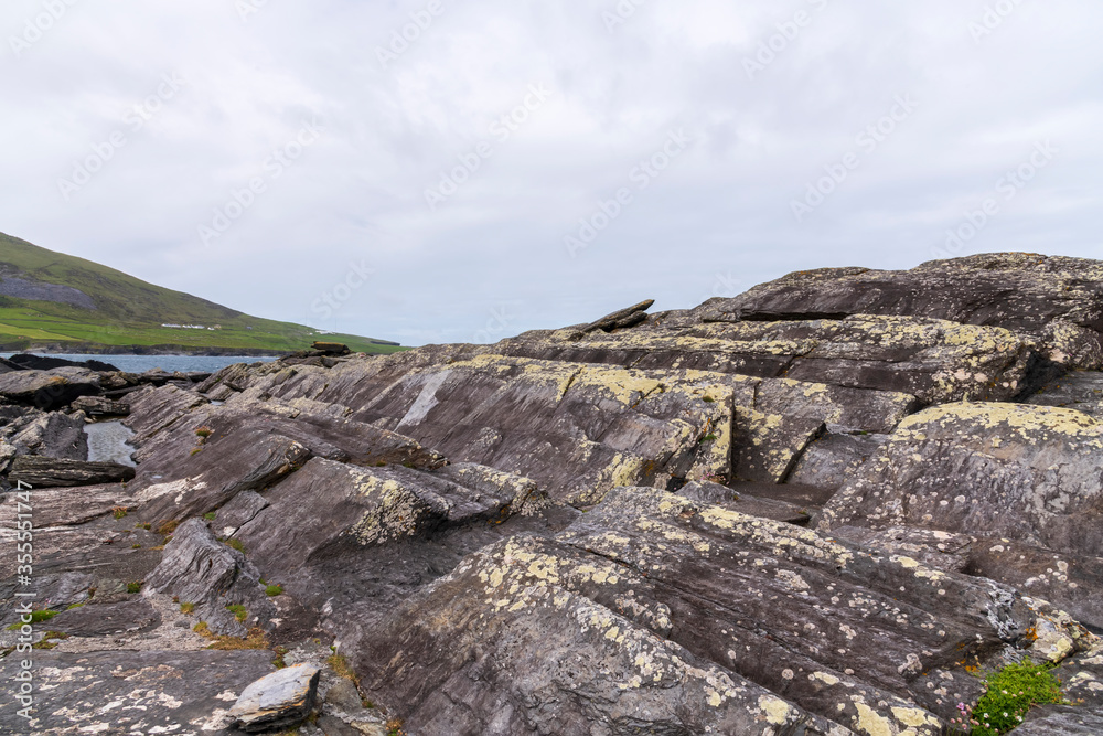 Beautiful aerial view of Valentia Island. Scenic Irish countyside on a dull spring day, County Kerry, Ireland.