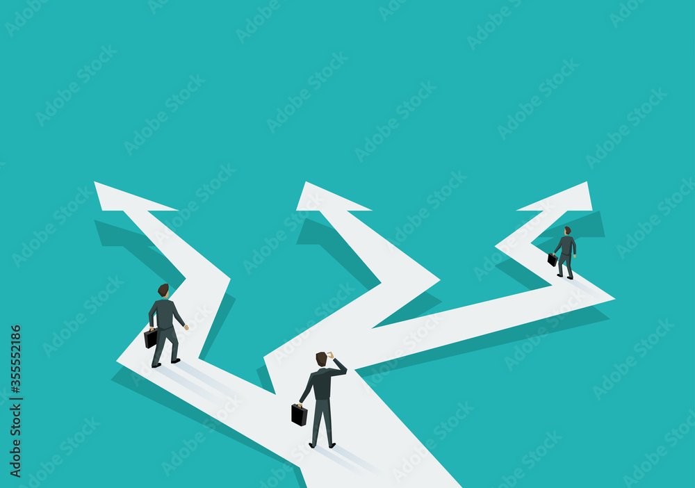 Business planning and correct way of  decision choosing - people in low poly style walking on crossroads different direction arrows - vector illustration for business concept - obrazy, fototapety, plakaty 