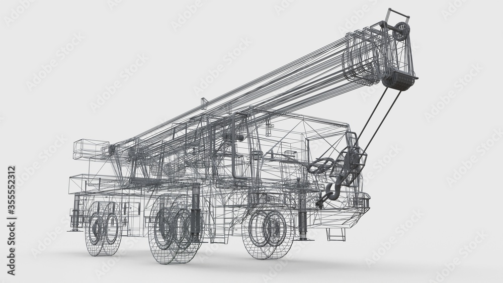 Mesh mobile crane. Three-dimensional illustration. 3d rendering. Mesh mobile crane. Three-dimensional illustration. 3d rendering.