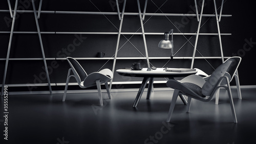 The interior of the dimly lit room with three chairs and a table is made in a modern business style. The chairs, table and shelves are made of white painted wood. 3d illustration.