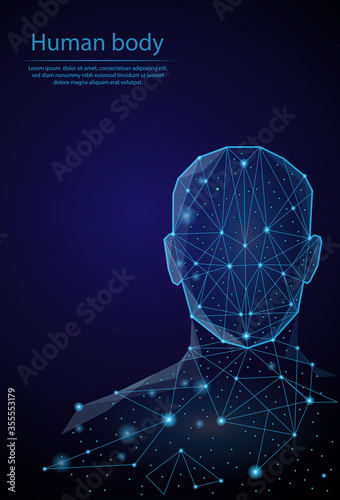 Abstract image human body in the form of a starry sky or space, consisting of points, lines, and shapes in the form of planets, stars and the universe. 3D Low poly vector.