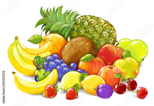 Fototapeta Naklejka Na Ścianę i Meble -  cartoon fruit scene with many different fruit as a meal set on white background - illustration