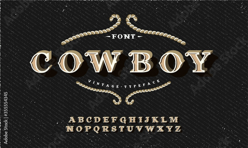 Western style retro alphabet font. Serif type letters, numbers of in rough background. Vintage vector typography for labels, headlines, posters etc.