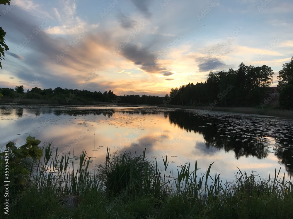 colorful sunset landscape on the lake, Lielais Ansis, Rubene, Latvia
