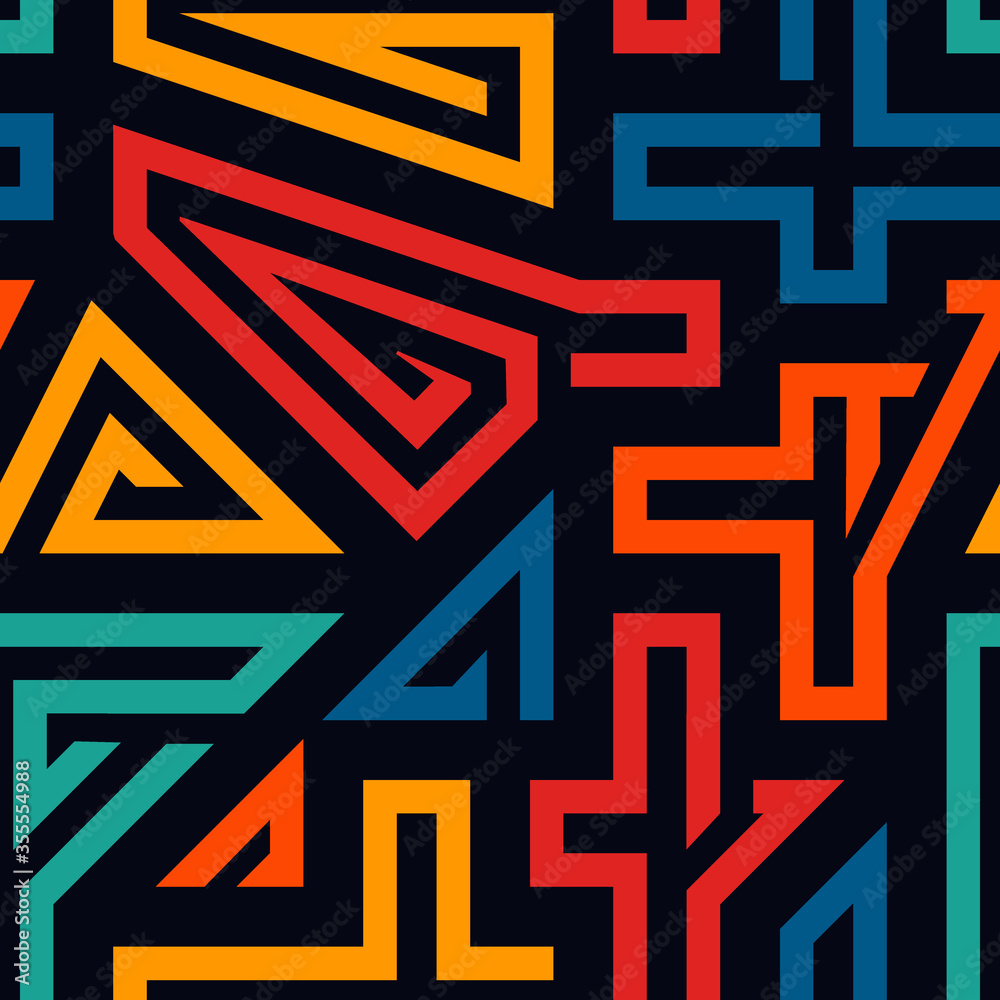 Bright ethnic seamless pattern. Tribal style surface print. Repeated irregular geometric shapes ornament. Maze motif Bright ethnic seamless pattern. Tribal style surface print. Repeated irregular geometric shapes ornament. Maze motif