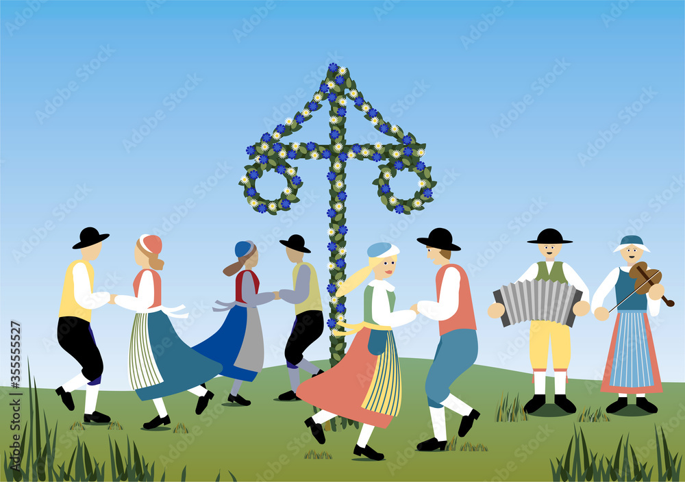 Ταπετσαρία Traditional midsummer dance in Sweden with music and a flower decorated maypole