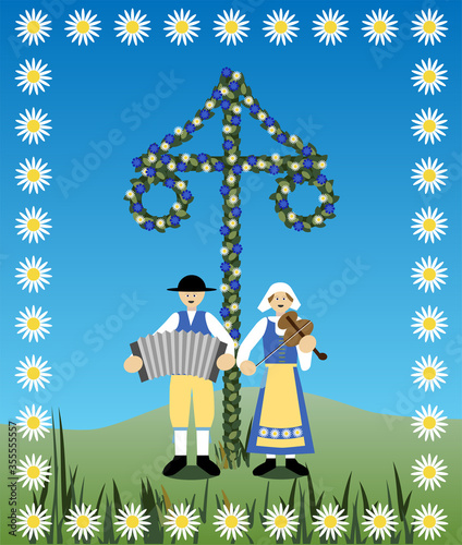 Foto Traditional Swedish Midsummer musicians at the flower decorated maypole