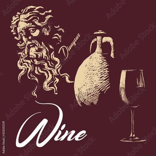 Silhouette of Dionysus, jug and glass, hand-drawn.