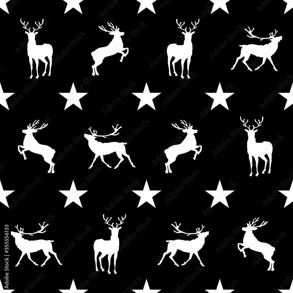 Seamless Vector of Rain Deers with stars. Black background.