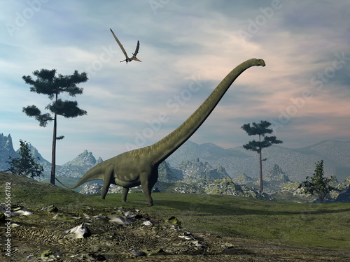 Canvas Print Mamenchisaurus dinosaur walk by sunset - 3D render