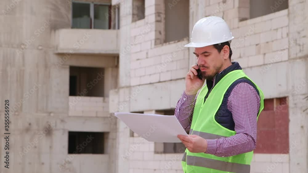 Young Engineer Working on Building Site and Giving tasks over the Phone Young Engineer Working on Building Site and Giving tasks over the Phone