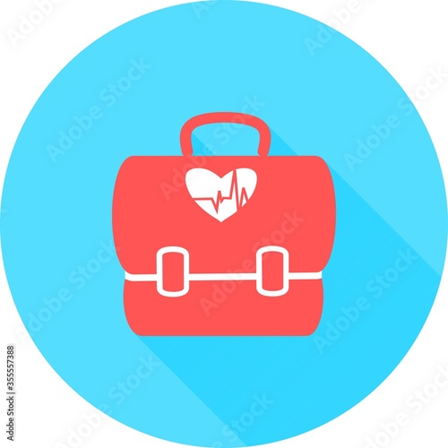 Medical bag in circle icon with long shadows. First aid kit medicine. Doctor's first-aid kit. Medicine chest vector illustration. Study medicine doctor's kit bag. Pharmacy. Medical kit icon vector.