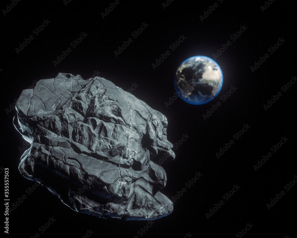 Huge asteroid is approaching to the Earth orbit. Meteorite from outer space. 3d