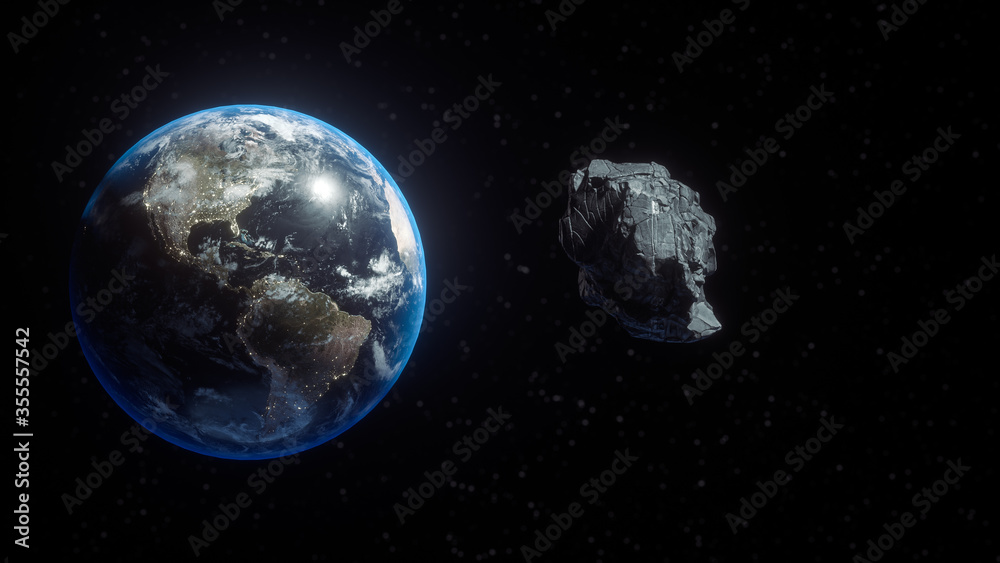 Asteroid flies near the earth orbit. Planetoids in the inner Solar System.
