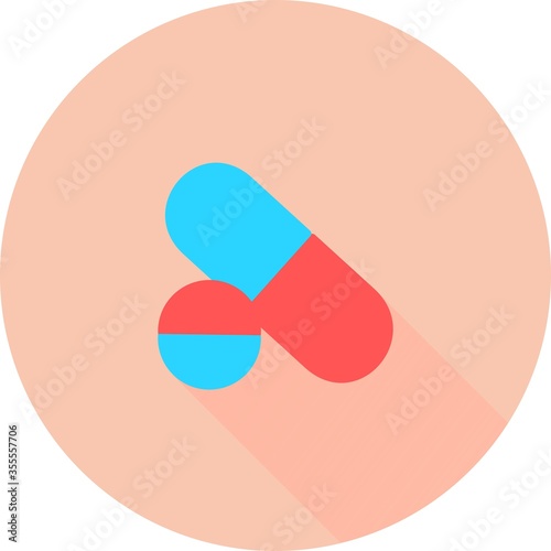 Medical pill in circle icon with long shadows. Medicine, pharmacy, hospital of drugs. Medication, pharmaceutics concept. Vector illustration. Drugs flat icon: pill, capsule. Healthcare medicine icon.