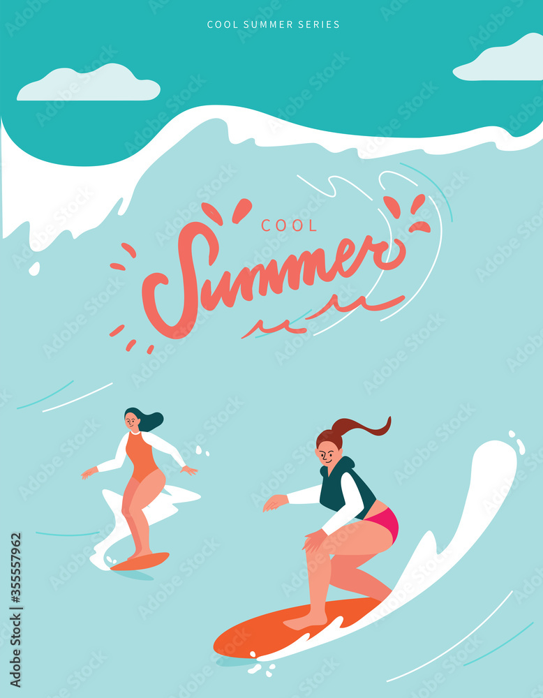 Two women in the swimwear surfing in sea or ocean. Summer poster with people in beachwear or rash guard with surfboards. Colorful flat character vector illustration.