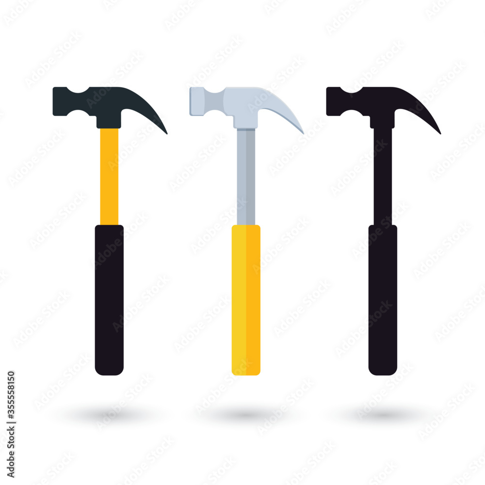 Ordinary claw hammer in three different looks, completely flat without shading, more detailed one and icon representation. Ordinary claw hammer in three different looks, completely flat without shading, more detailed one and icon representation.