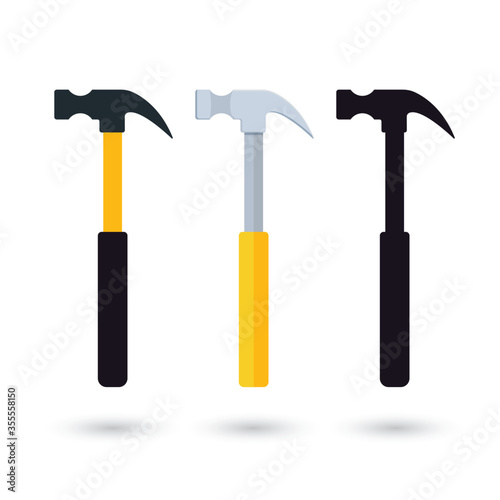 Ordinary claw hammer in three different looks, completely flat without shading, more detailed one and icon representation. 
