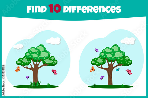 Find 10 differences. Find the differences. Educational game for children. Illustration of Finding Differences. Tree and butterflies.