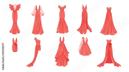 Dresses for prom, gala evening, wedding, masquerade, points. Set of different dresses. Modern and classic style.