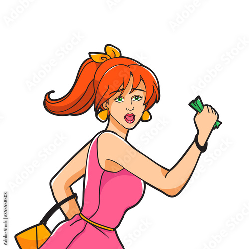 A woman runs holding money in front of her. Active buyer.