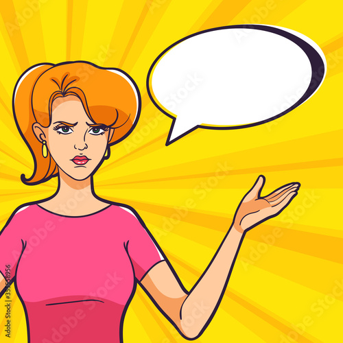 A woman spread her arms to the sides on a pop art bright background. Unwitting facial expression. A woman is not happy with the result.