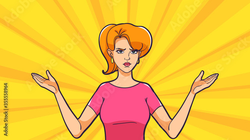 A woman spread her arms to the sides on a pop art bright background. Unwitting facial expression. A woman is not happy with the result.