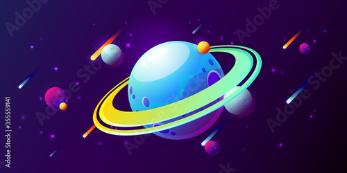 Fantasy colorful art with planets, rings, stars and comets. Cool cosmic background for game or poster design