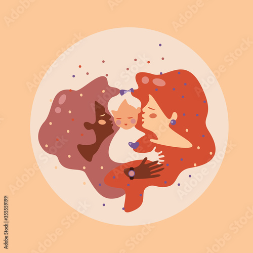 Lesbian couple with daughter hugging  kisses  love  happy family  relationships. Happy mother s day. Happy birthday. Vector flat illustration