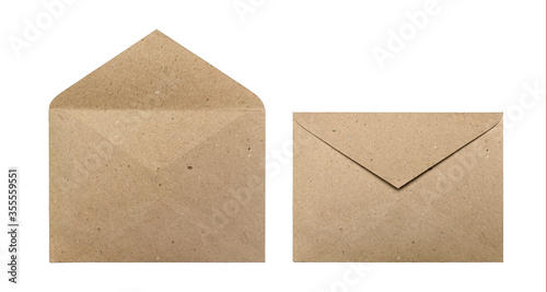 Opened and closed brown craft envelopes isolated on a white background